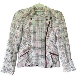 Zara Cream Asymmetric Zip Plaid Frayed Jacket sz S